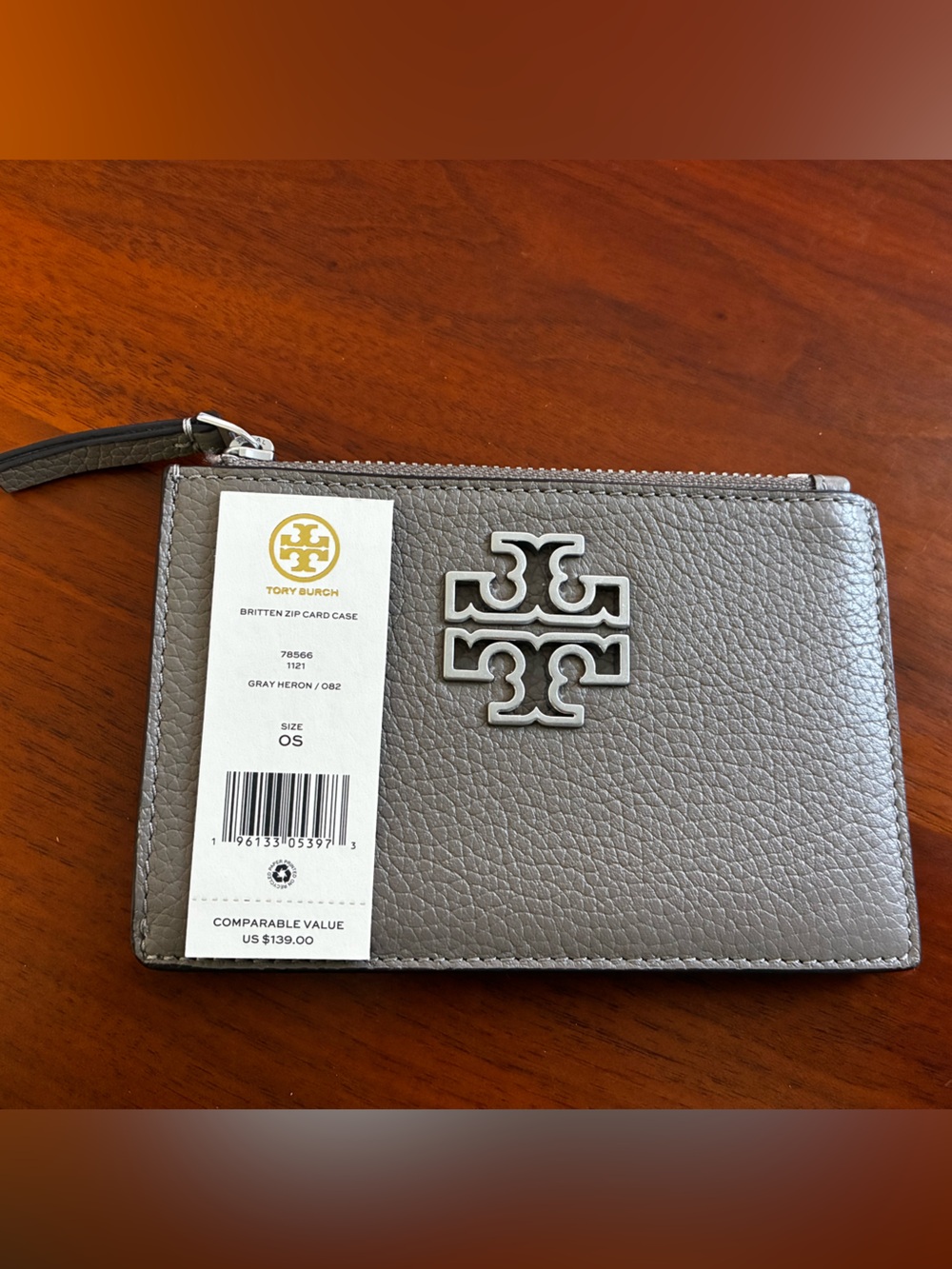 Tory Burch Britten Zip Card Case in Gray Heron